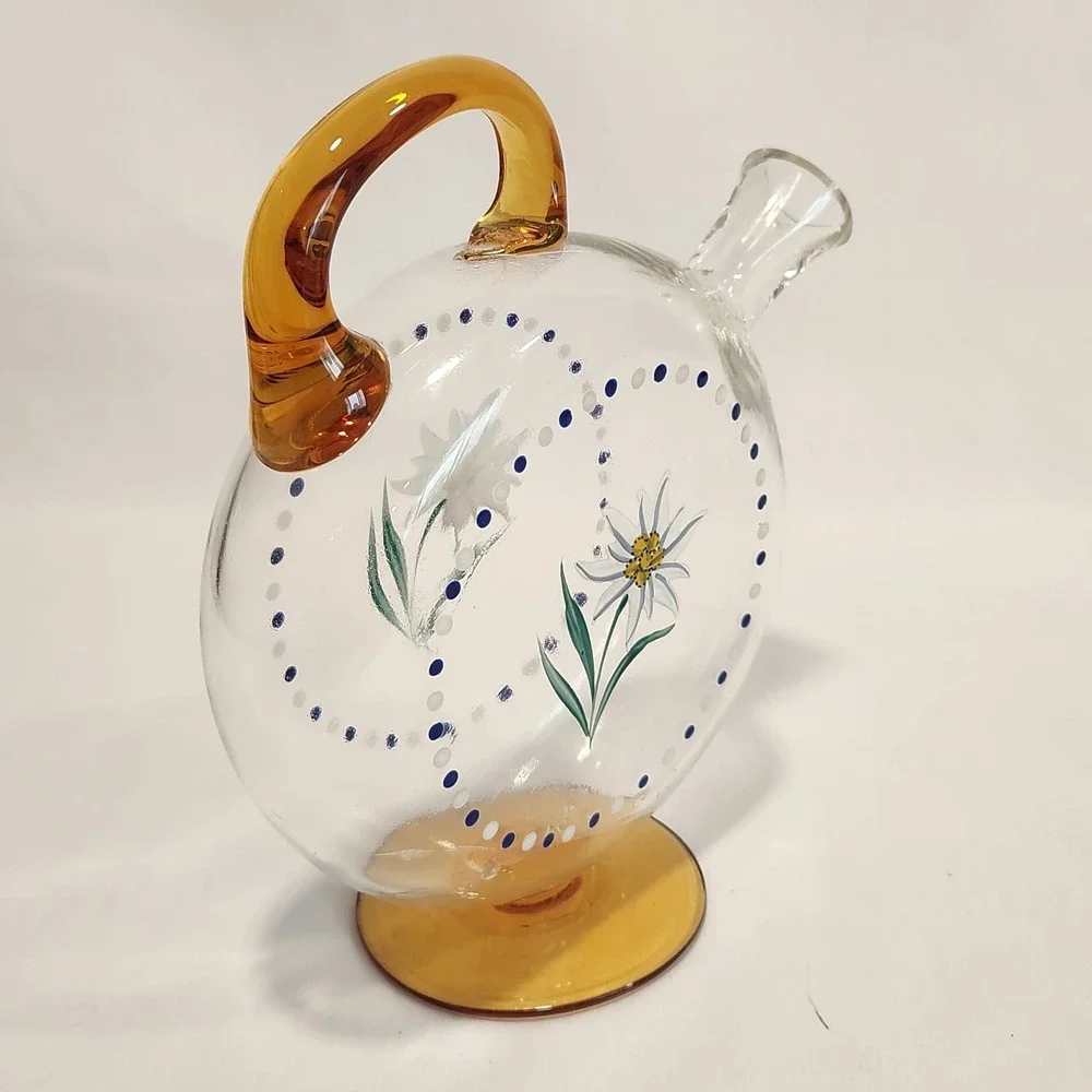 Vintage Hand Painted Edelweiss Glass Decanter or Vase Amber Handle Pitcher 8.5in